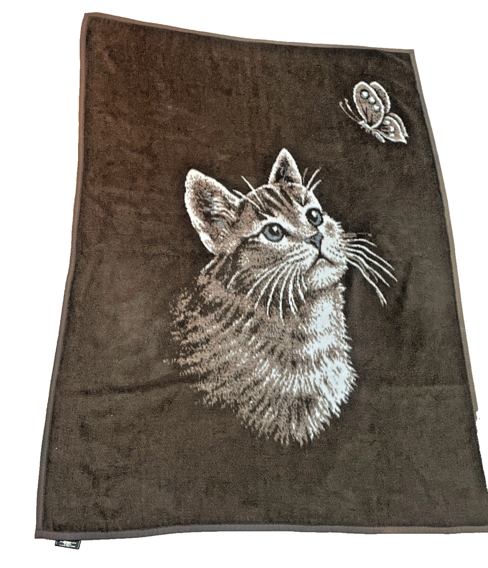 Cannon Ibena Vtg 1980s Cat Butterfly Blanket Throw Brown Beige W Germany 74x55"
